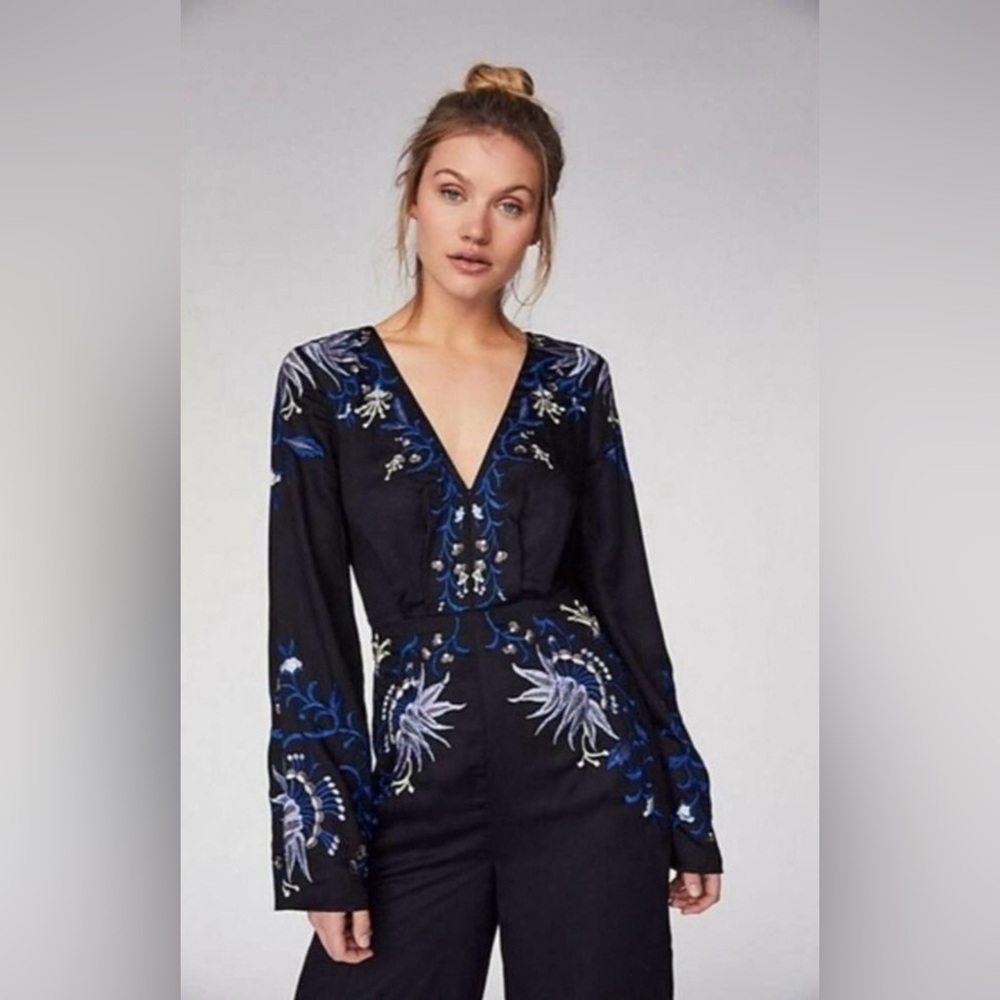 NWT Free People Gypsy Rose Floral Embroidered Cutout Wide Leg Jumpsuit